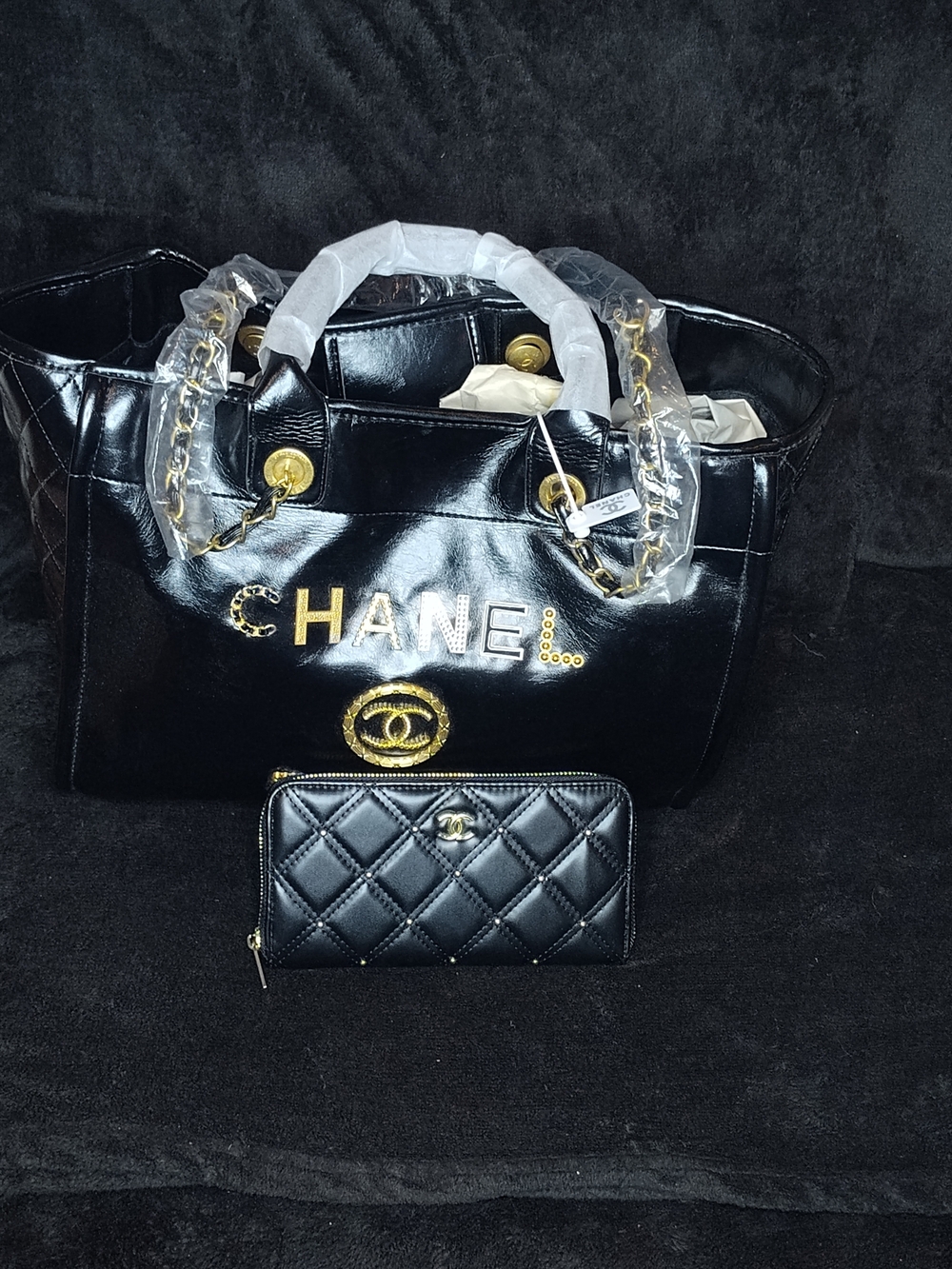 CHANEL Black Patent Quilted Tote with Gold Hardware